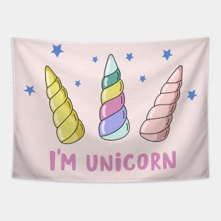 I am a unicorn. Vector illustration with unicorn horns and the inscription. Cartoon design for kids poster or card Tapestry