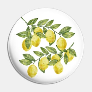 Yellow summer watercolor lemons with green leaves citrus illustration Pin