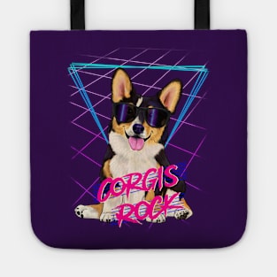 Corgis rock - Tri-color corgi with sunglasses and 80s background Tote