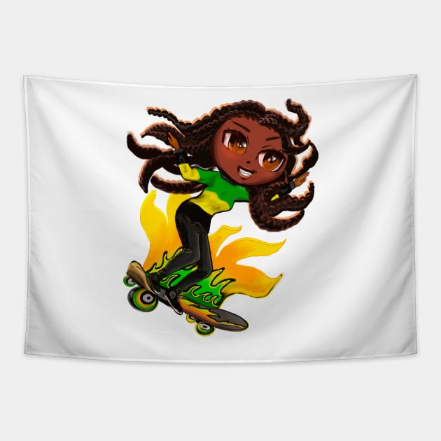 Jamaica jumper women skateboarding girl manga anime girl Jamaican girl on skateboard wearing jumper with colours of Jamaican flag black green and yellow women Tapestry by Artonmytee