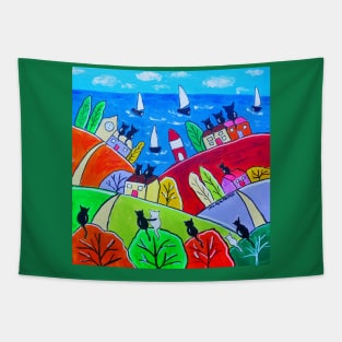 Cats on colourful roofs looking at sailing boats Tapestry