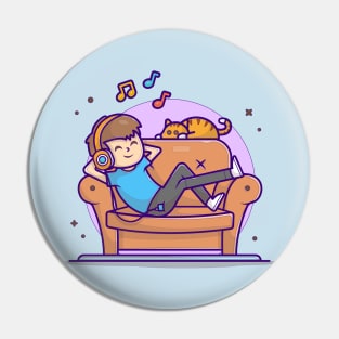 Happy Boy Listening Music On Sofa with Cute Cat, Tune, and Notes of Music Cartoon Vector Icon Illustration Pin