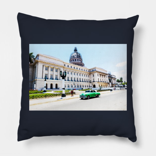 Havana Capitol Building And Green Car Pillow by tommysphotos