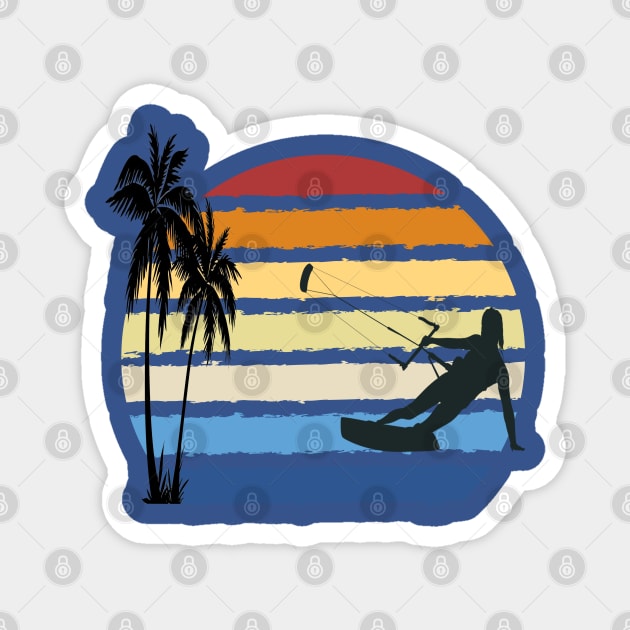 Kitesurfing Girl sailing into a retro Kitesurf sunset Magnet by Surfer Dave Designs