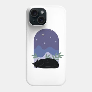 Sleepy cozy black cat with plants and night sky in boho minimalist style Phone Case