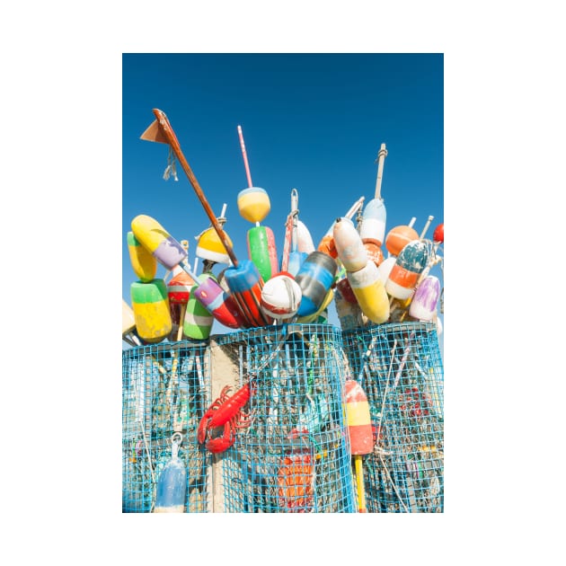 Collection of colorful fishing or lobster trap buoys and markers at wharf in Provincetown, Massachusetts, USA.  Looks great on a sticker and even better as a canvas print on your wall by brians101