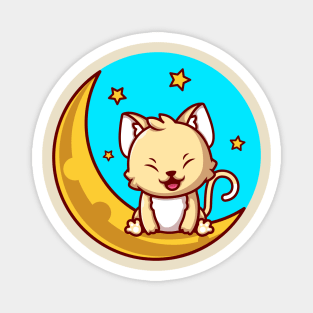 Cute Cat Sitting On Sickle Moon With Stars Cartoon Magnet