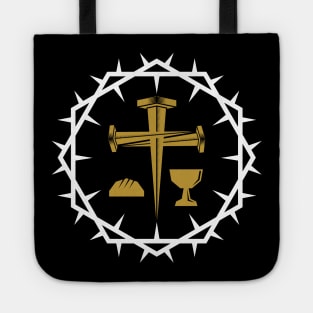 A cross made of nails, symbols of Holy Communion framed by a crown of thorns. Tote