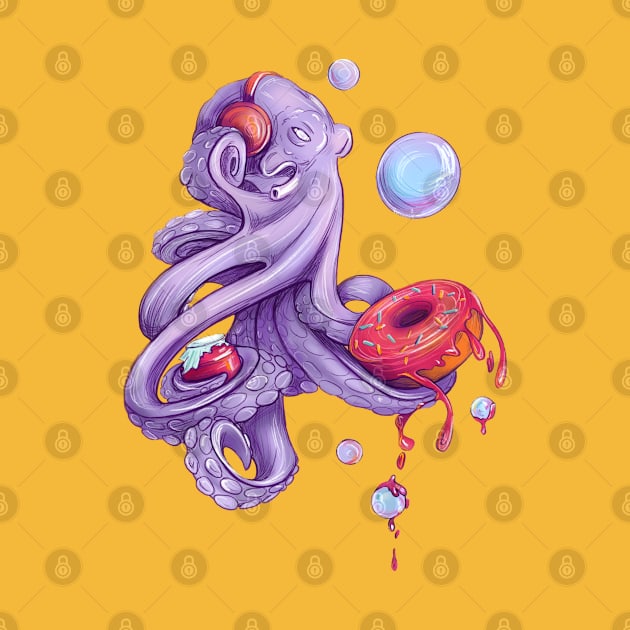 Octopus with donut and jam and red headphones with music. Bright artwork by Elishas art original 