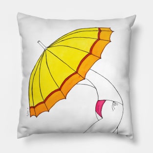 Girl in fuchsia bikini, yellow orange and red sun umbrella · flipped Umbrella Woman n2 Pillow