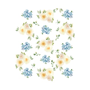 Dainty White Roses, Blue Forget Me Not Floral Painterly T-Shirt