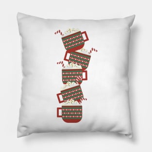 Red Green mugs with hot cocoa, whipped cream, marshmallow and striped candy cane pile Pillow