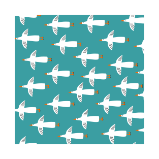 Flying white seagulls on blue background T-Shirt