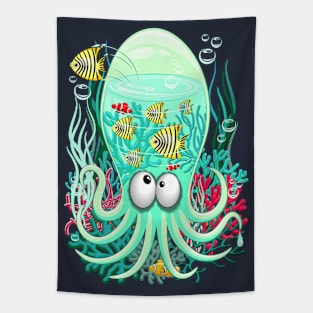 Octopus Silly Funny Character on Coral Reef Pattern Tapestry