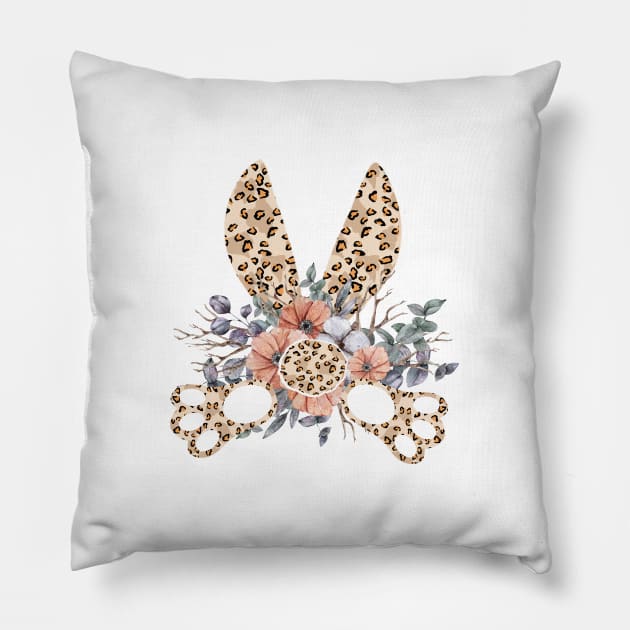 Cute leopard floral boho bunny ears illustration Pillow by tiana geo