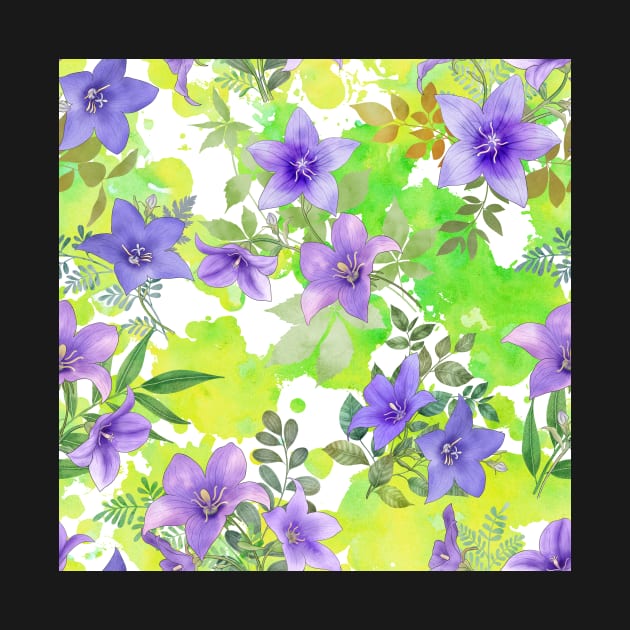 Summer bellflowers on colorful watercolor background.Vibrant Balloon flowers print by likapix