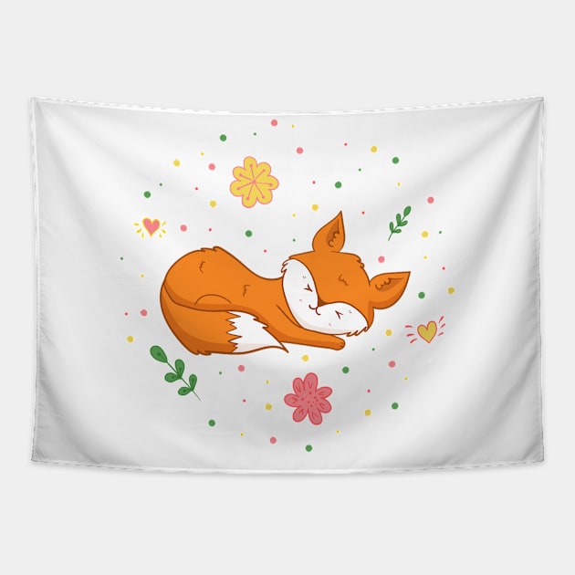 Cartoon childish hand drawn fox illustration Tapestry by Ermekbaeva