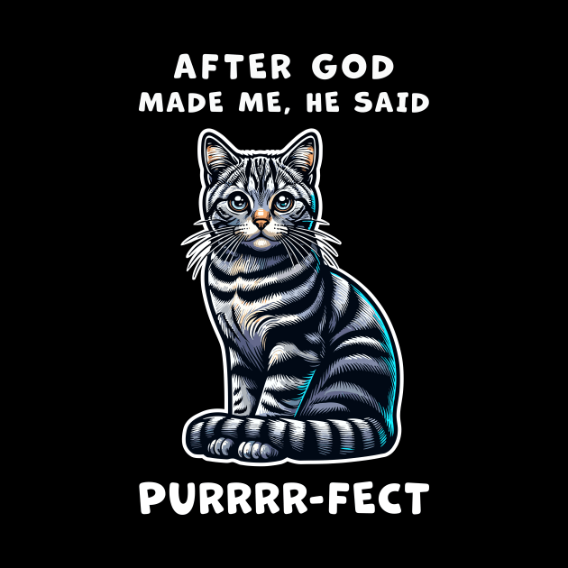 Tabby cat funny graphic t-shirt of cat saying "After God made me, he said Purrrr-fect." by Cat In Orbit ®