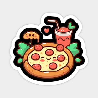 Pepperoni Pizza and Strawberry Drink in Kawaii Style | Kawaii Pizza Party | Pizza and Chill Magnet