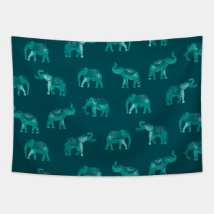 Dark Teal Indian Elephants Tapestry