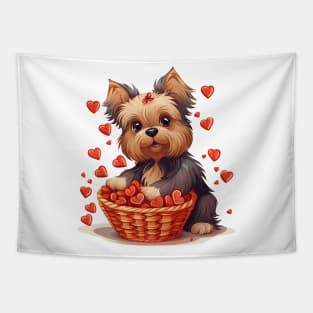 Cartoon Yorkshire Terrier Dog in Hearts Basket Tapestry