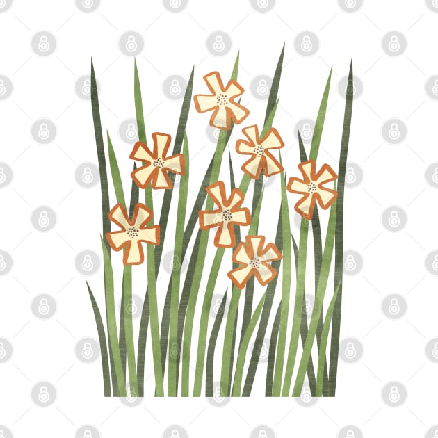 Grass and Flowers Green Orange Cream by FAROSSTUDIO