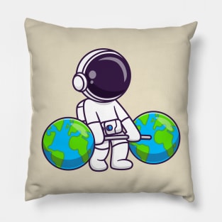 Cute Astronaut Lifting Earth Barbell Cartoon Pillow