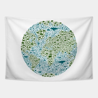 Save the animals, earth globe formed with animals of each continent and sea Tapestry