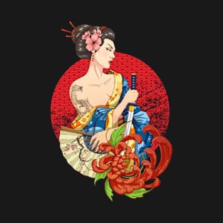 Geisha Girl Katana Sword and Tattoo of Dragon Japanese T-Shirt