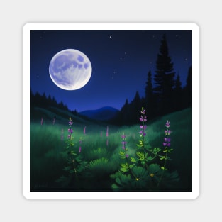 Lupines blooming at night - Purple flowers under a full moon Magnet