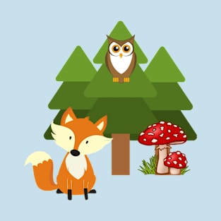 Kawaii fox owl and mushroom pattern T-Shirt