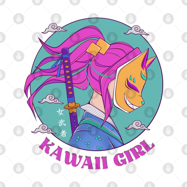 Kawaii Japanese Anime Girl With Kitsune Mask by Genbu