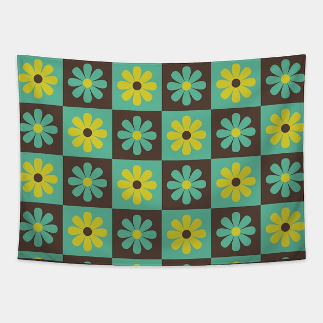 Teal Mod Flower Checkers Tapestry by Carolina Díaz