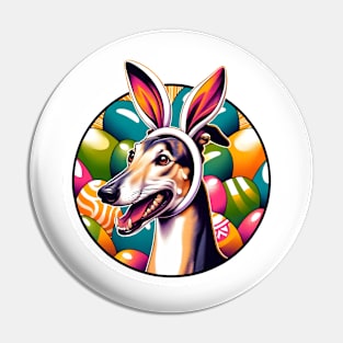 Greyhound Celebrates Easter with Bunny Ears and Joy Pin