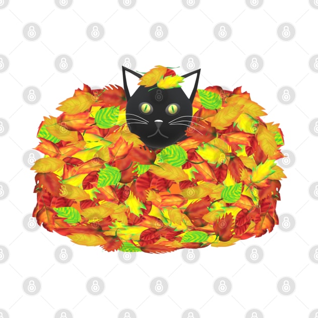 Black and White Tuxedo Cat Playing in a Pile of Fallen Autumn Leaves (White Background) by Art By LM Designs 