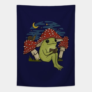 Cute Frog in Mushroom Hat Reading a Book, Goblincore Toad Toadstool Under Starry Cottagecore Sky Tapestry