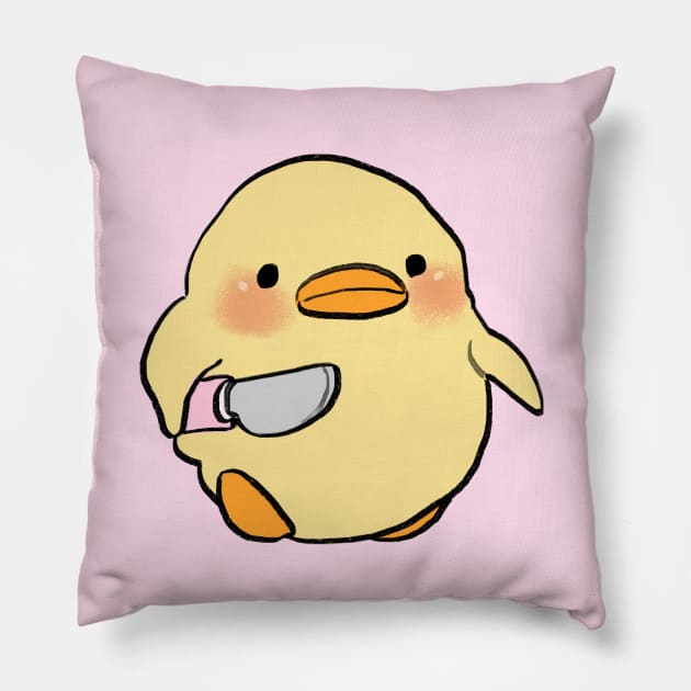 small chick with a knife meme Pillow by mudwizard