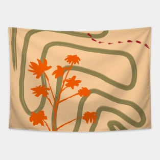 Mid Century Orange Sunset Floral Abstract Art Tapestry
