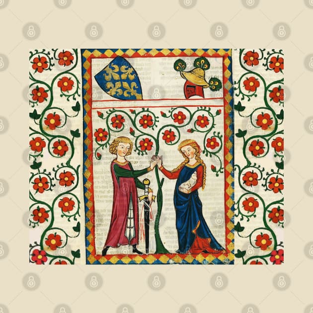 GERMAN POET WITH HIS BELOVED LADY ,MEDIEVAL MINIATURE WITH WILD ROSES by BulganLumini