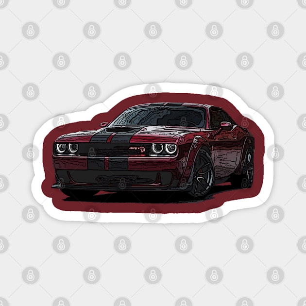 Inferno Blaze: RED Dodge Challenger Fiery Full Body Highly Posterize Car Design Magnet by GearHead Threads