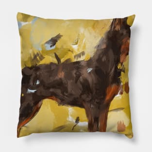 An Impressionistic Painting of a Pinscher on Yellow Background Pillow