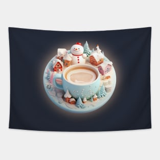 Cappucino barista art with snowman in a winter wonderland setting Tapestry