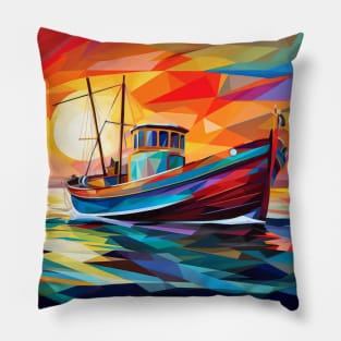 Fishing Boat Concept Abstract Colorful Scenery Painting Pillow