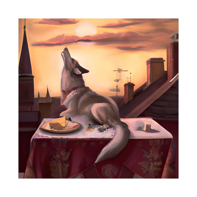 German Shepherd Brown Grey Dog Howling Eating Cake Sunset by druidwolfart