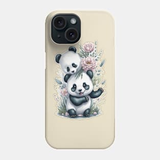 Two funny Pandas around Flowers: Scattered Watercolor in Pastel Colors Phone Case