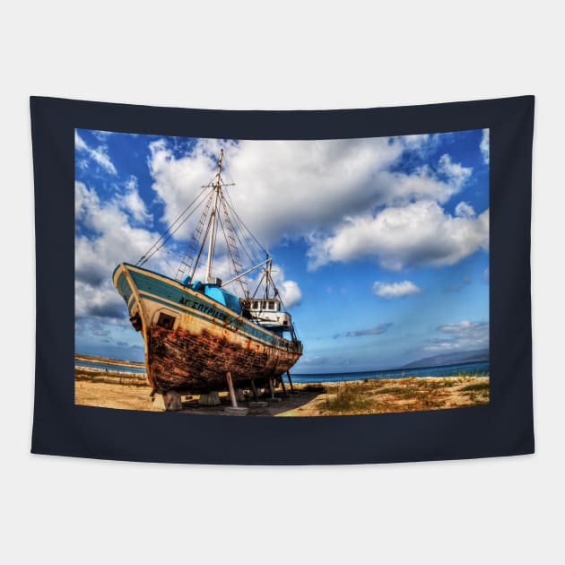 Greek Ship Seen Better Days Tapestry by tommysphotos