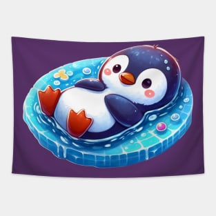 a cute penguin chilling in the pool Tapestry