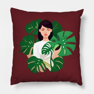 woman plants monstera cute and green leaf Pillow