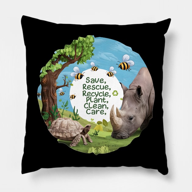 Save Bees Rescue Animals Recycle Plastic Earth Day Pillow by Pikalaolamotor