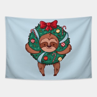 Merry Slothmas // Cute Cartoon Sloth in Christmas Wreath Tapestry